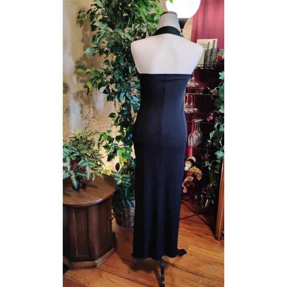 Black Halter Maxi Dress By Evolution With Side Slit  Stretch Fit  Size Medium - Picture 3 of 6